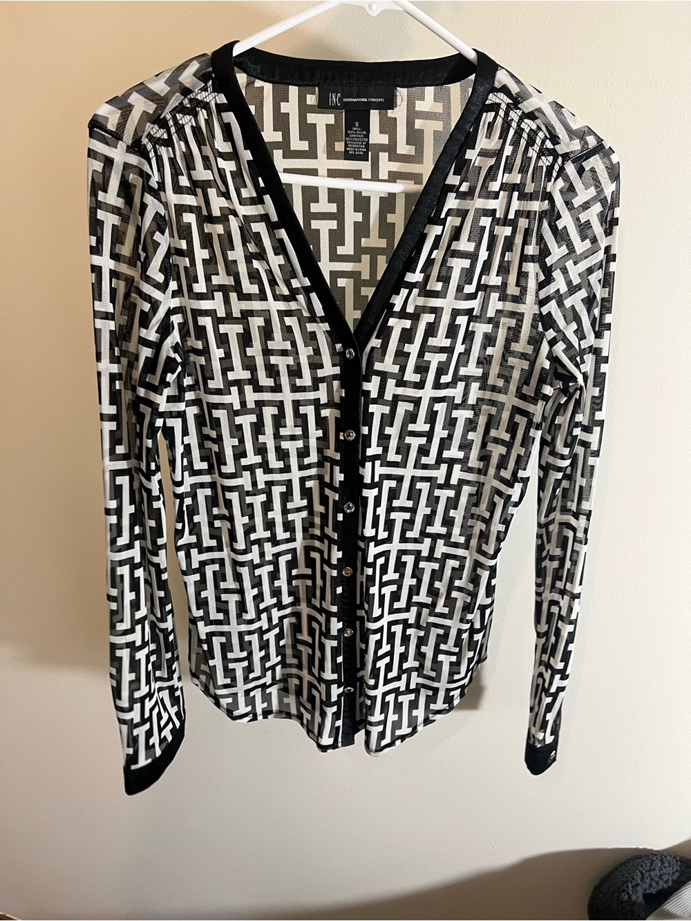 INC International Concepts Black & White Geometric Print Button-Front Blouse